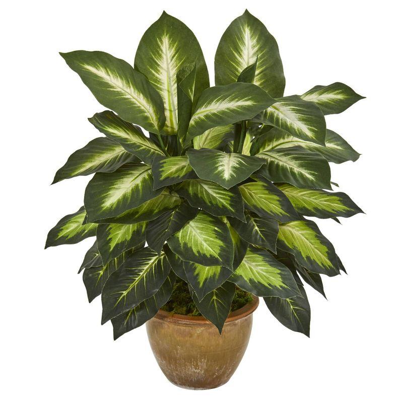 Nearly Natural 18" x 16" Artificial Dieffenbachia Plant in Ceramic Planter: Indoor Faux Greenery Decor, Polyester & Wire