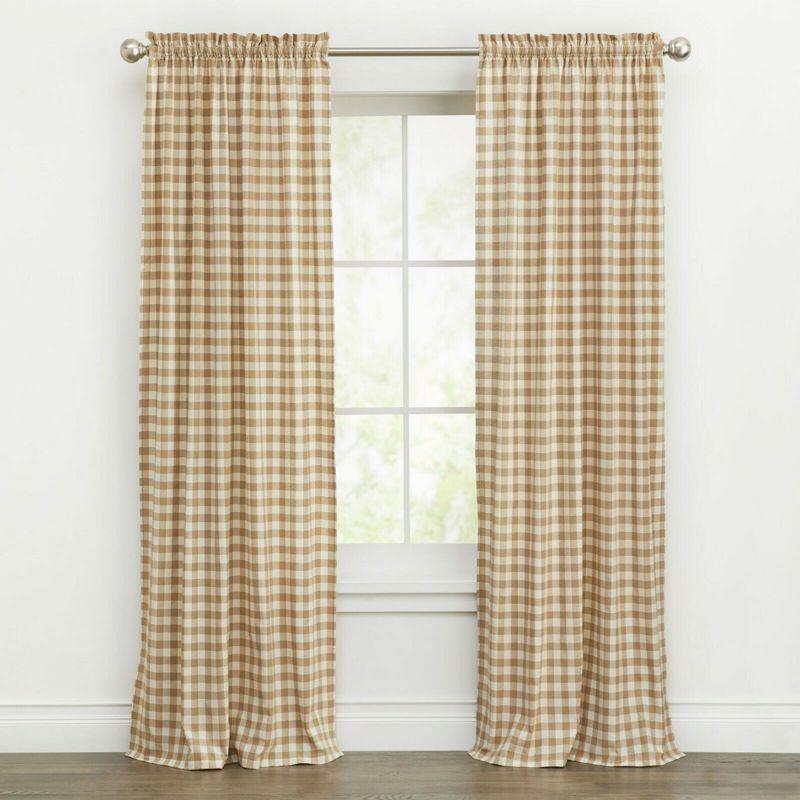 Kate Aurora Country Farmhouse Buffalo Check Plaid Gingham Single Window Curtain - 42 in. W x 63 in. L, Linen