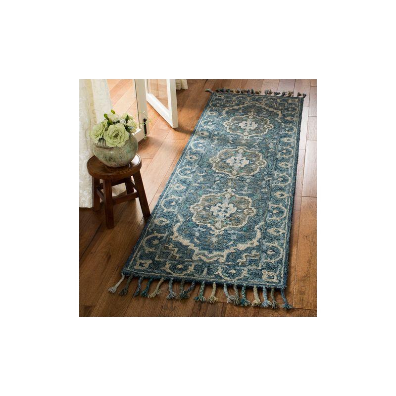 Hand-Tufted Rustic-Chic Blue Floral Wool Runner Rug - 27in x 6in