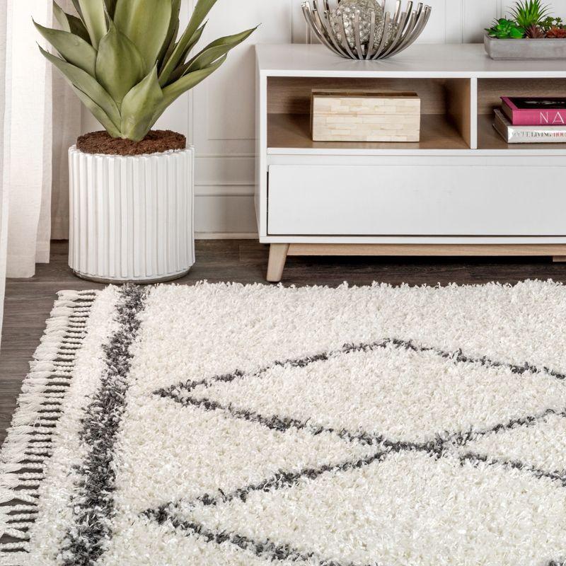 5'x8' Mercer Shag Plush Tassel Moroccan Geometric Trellis Area Rug, Cream/Grey - JONATHAN Y