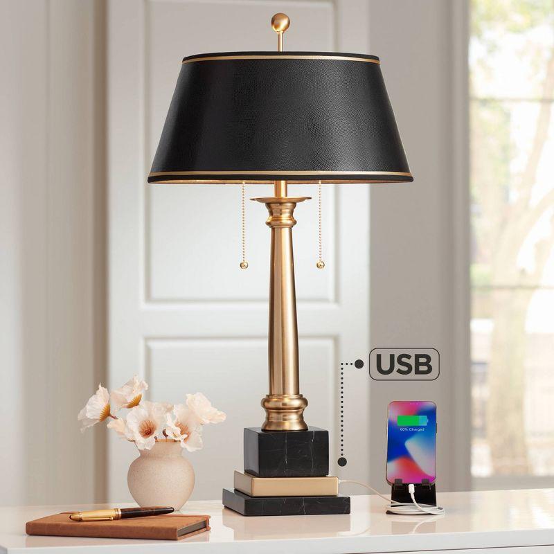 Barnes and Ivy Georgetown Traditional Desk Lamp 28 1/2" Tall Warm Brass with USB Charging Port Black Shade for Bedroom Living Room Bedside Office Kids