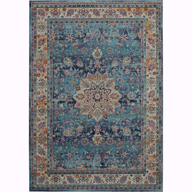 Vintage Blue and Ivory Synthetic 4' x 6' Area Rug