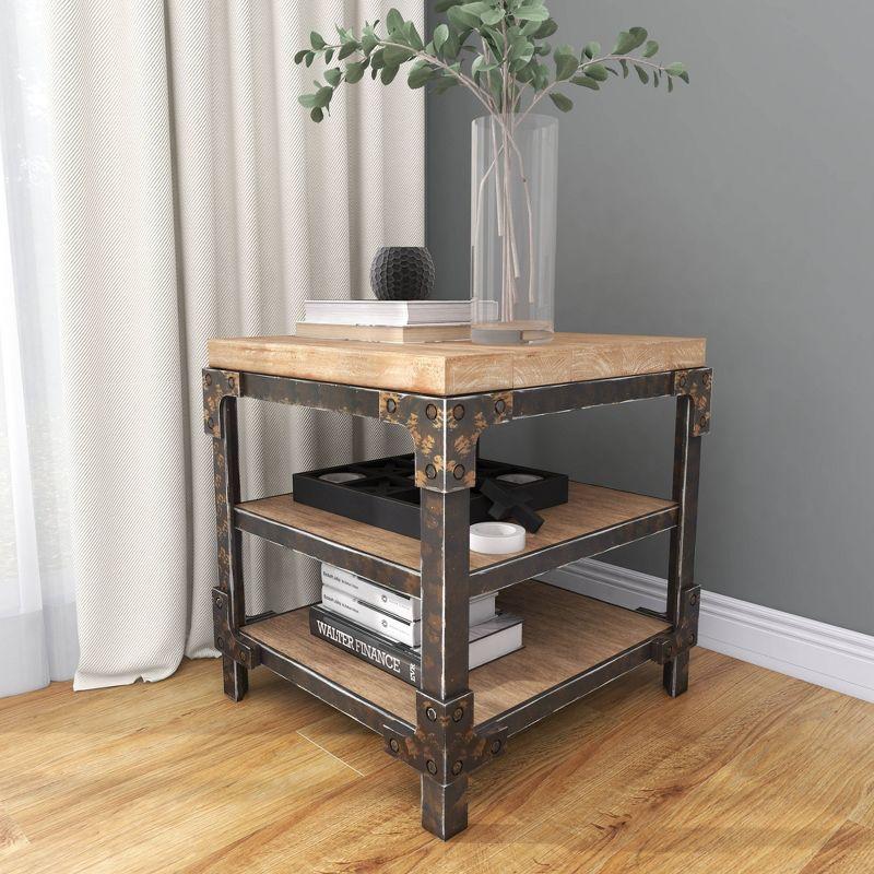 Olivia & May Industrial 3 Tier Side Table Brown: Sturdy Wood Frame, Fixed Shelves, Square Shape