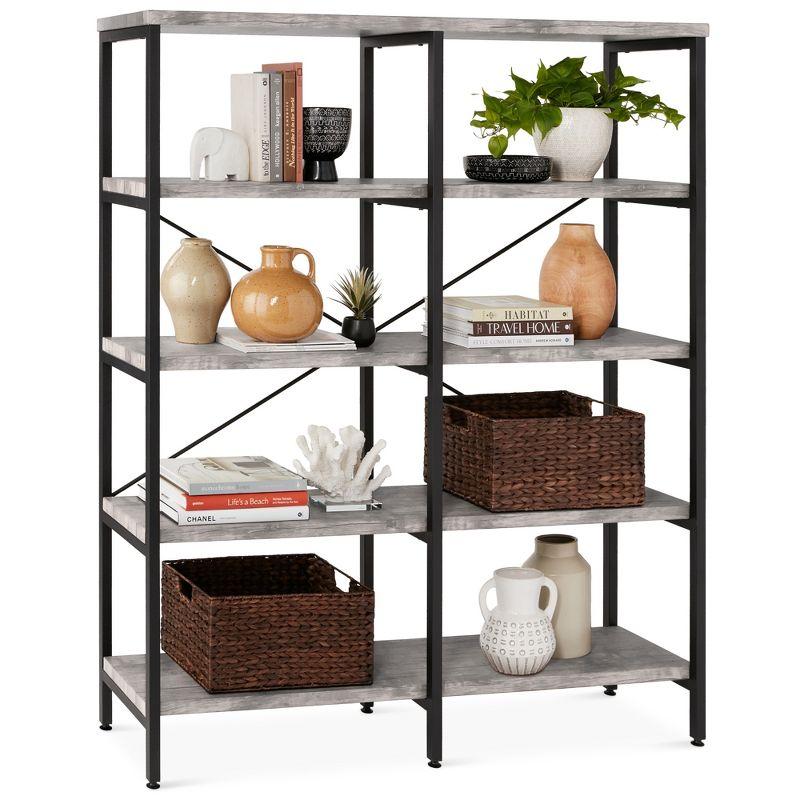 Adjustable Gray Wood 5-Tier Industrial Bookshelf