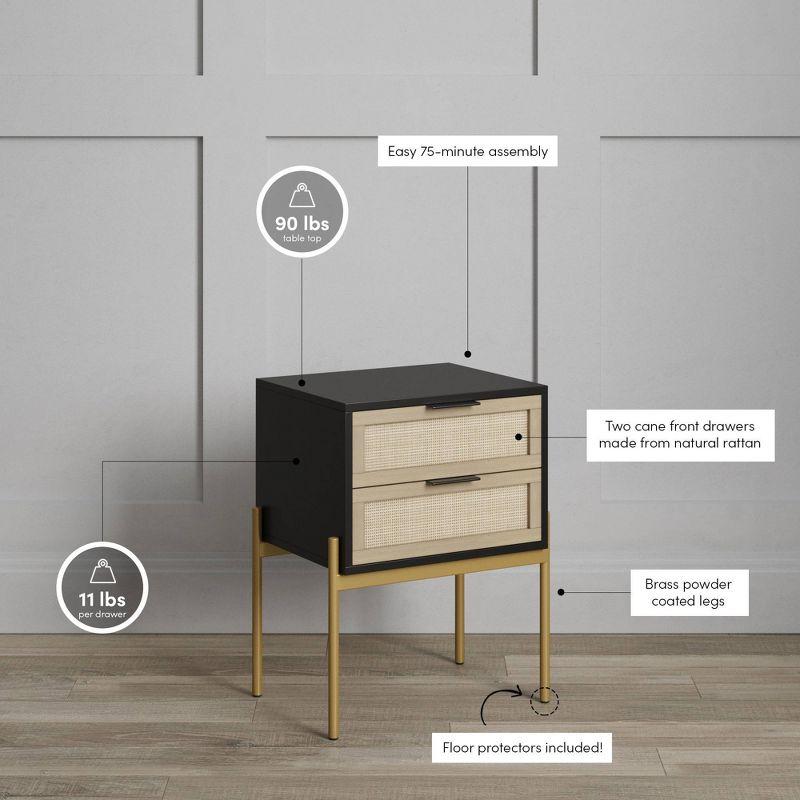 Nathan James Andrew 2 Drawers Side Table Matte Black Rattan: Brass Gold Hardware, Durable Metal Legs