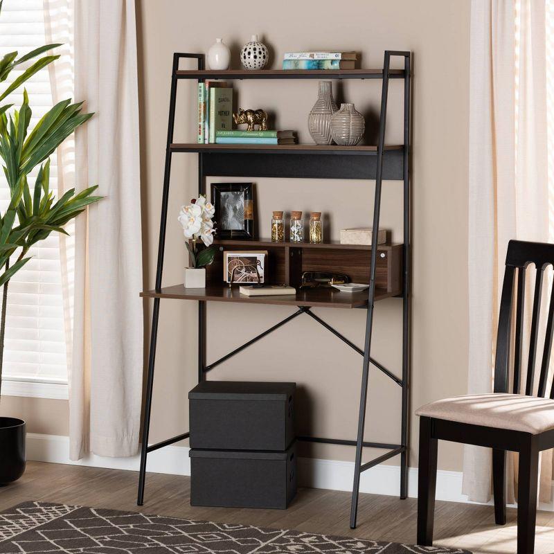 Palmira Walnut Brown Wood and Black Metal Desk with Shelves