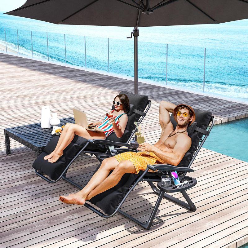 Outsunny Zero Gravity Lounge Chair Set of 2 Reclining Folding Outdoor Lounge Chairs with Cushion, Headrest, and Side Tray for Patio, Beach, Black