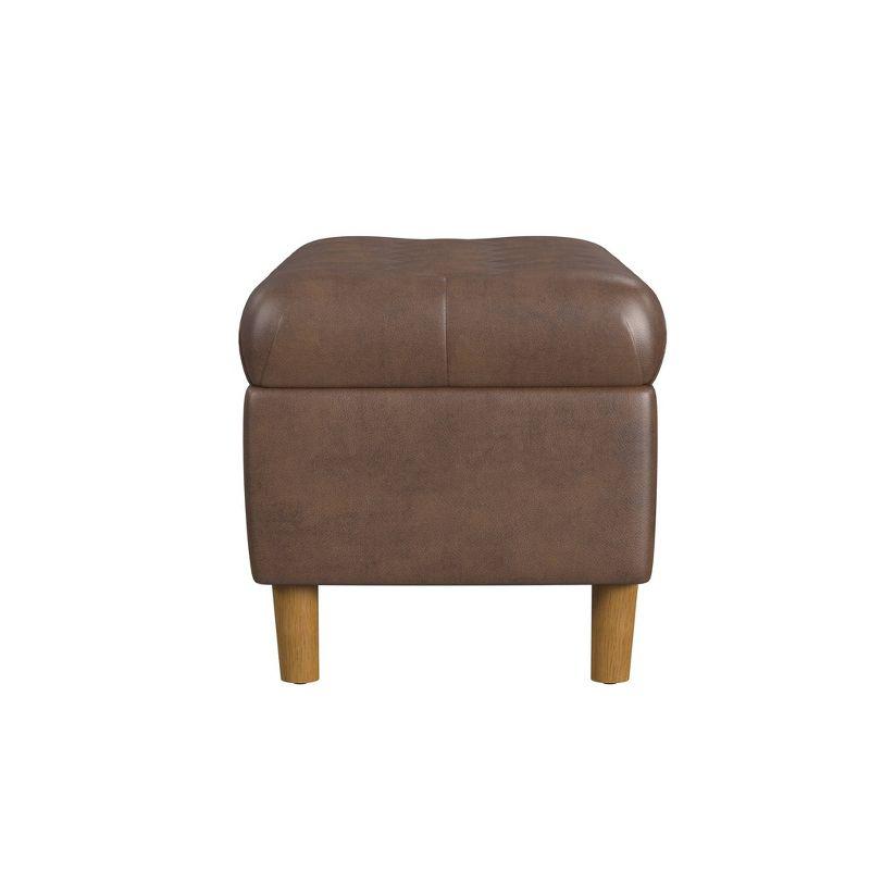 Button Tufted Storage Bench with Cone Wood Legs Faux Leather Brown - HomePop: Hinged Lid, Easy Access