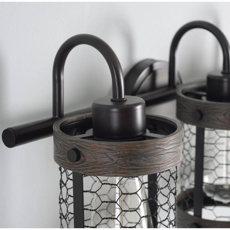Co-t Kenroy Home Industrial Farmhouse 3-Light Bath Vanity Fixture With Chicken Wire Mesh Shades & Distressed Wood Accents
