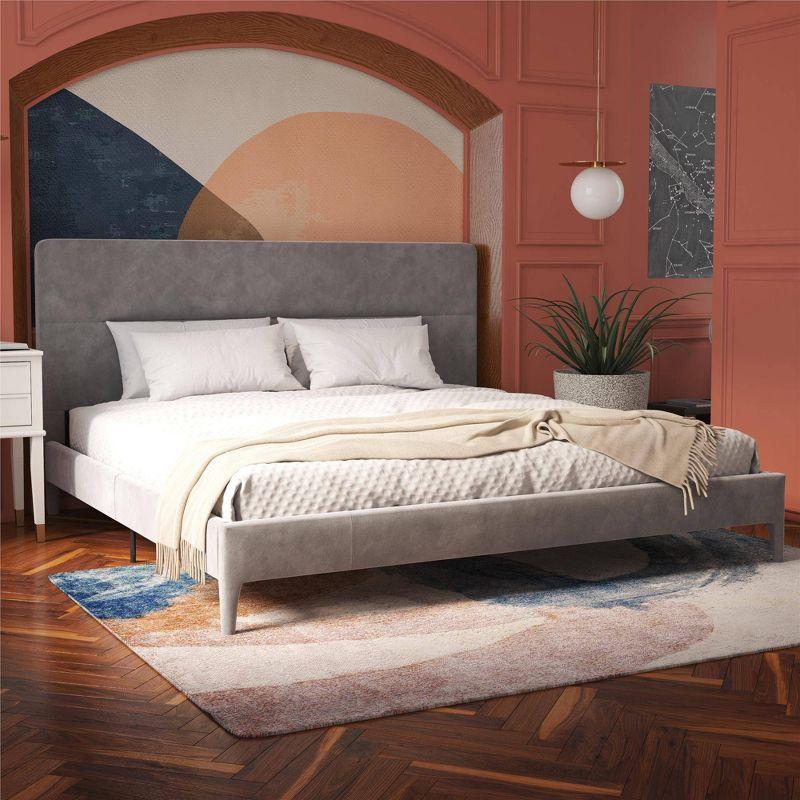 King-Size Light Gray Velvet Upholstered Bed with Minimalist Tufted Headboard