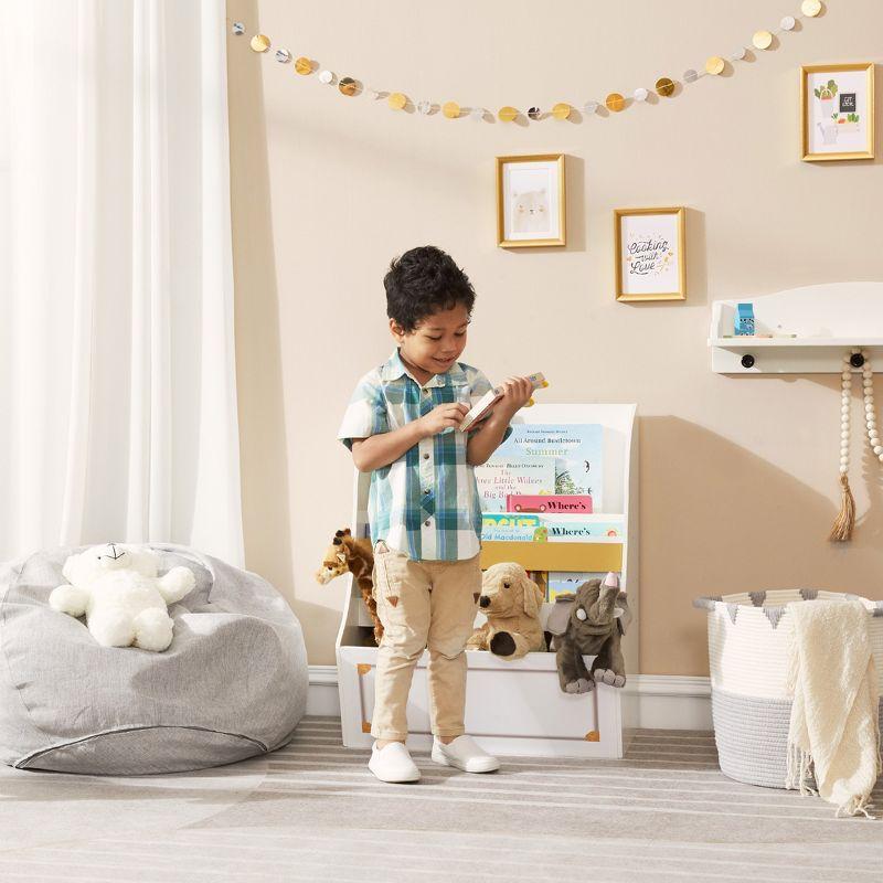 White Wooden Kids Bookcase with Gold Accents and Storage Cubes