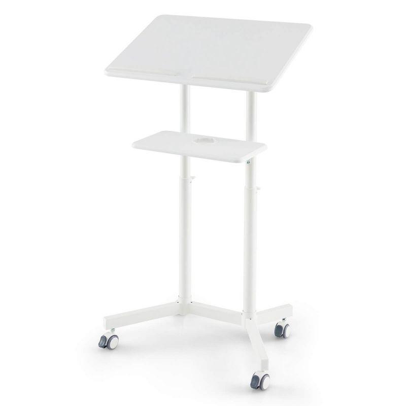 Costway 1 PCS Mobile Lectern Podium with Tilting Top Storage Tray Lockable Casters White