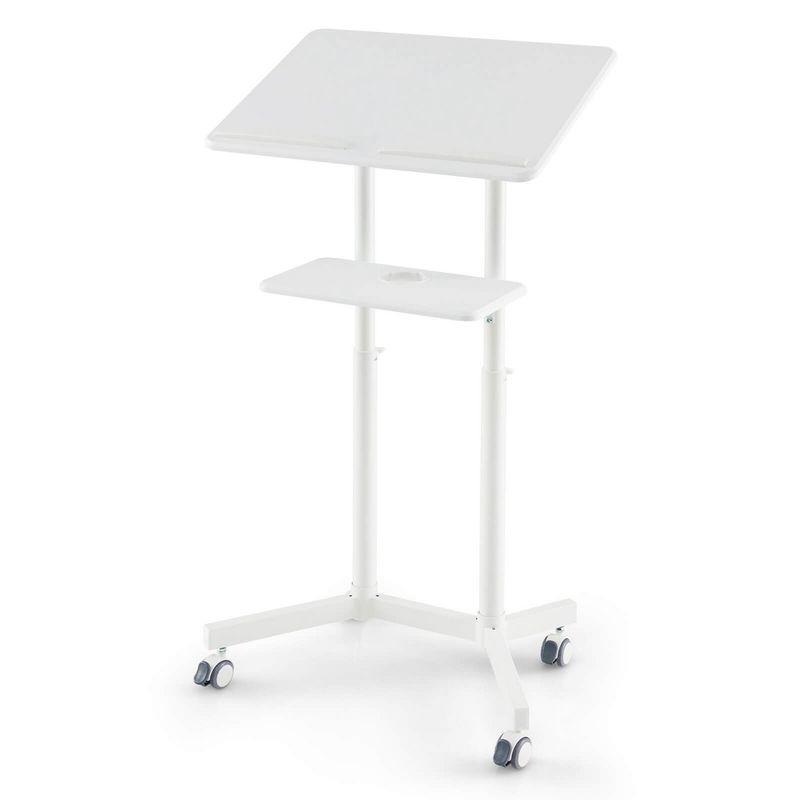 Costway 1/2 PCS Mobile Lectern Podium with Tilting Top Storage Tray Lockable Casters White