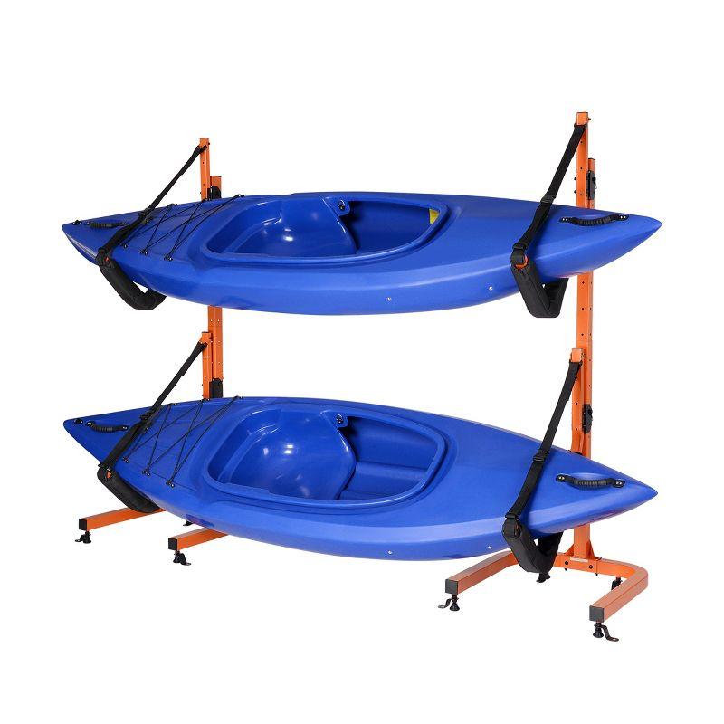 Rad Sportz Kayak Storage Rack - Portable Folding Boat Stands for Garage, Shed, or Dock -Freestanding Kayak Stands with Padded Arms and Adjustable Straps - Holds 2 Canoes, SUP, or Paddleboards, Orange