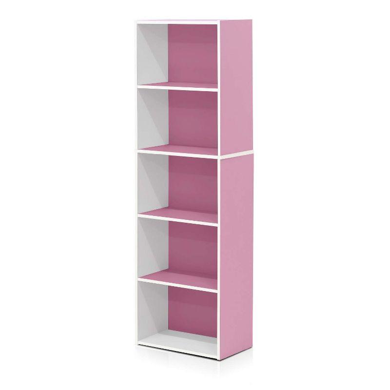 Contemporary 5-Tier Laminated Wood Bookcase in White & Pink