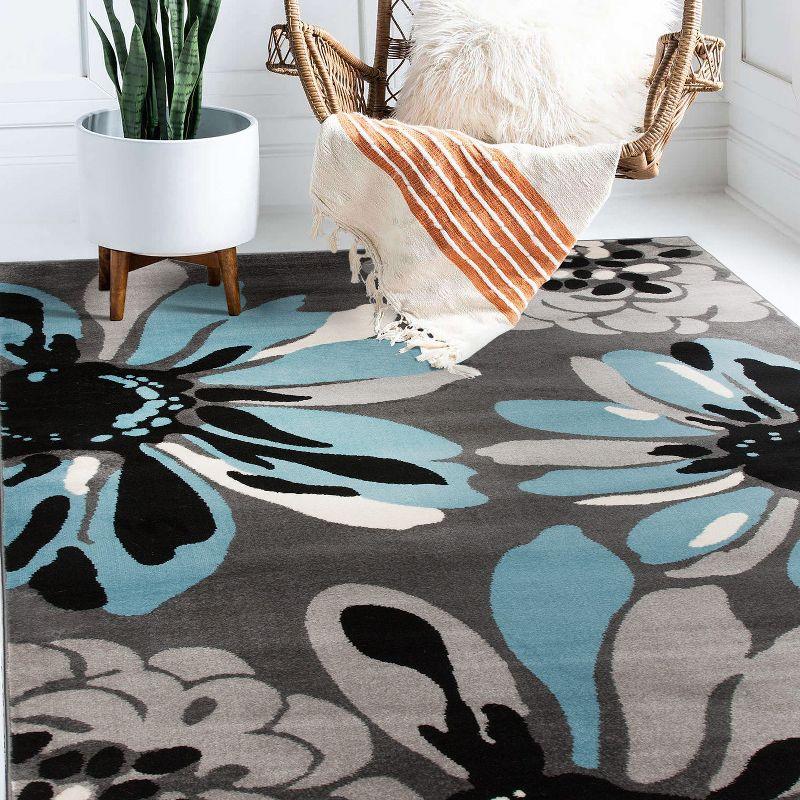 World Rug Gallery Contemporary Modern Flowers Area Rug - Blue 5'3" x 7'3"