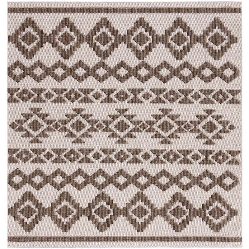 Beige and Dark Beige 79" Square Synthetic Indoor/Outdoor Rug