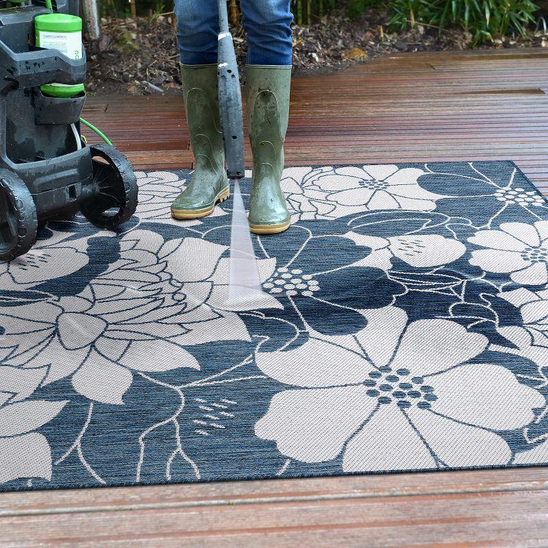 World Rug Gallery Modern Floral Flowers Textured Flat Weave Indoor/Outdoor Area Rug - NAVY 5' X 7'