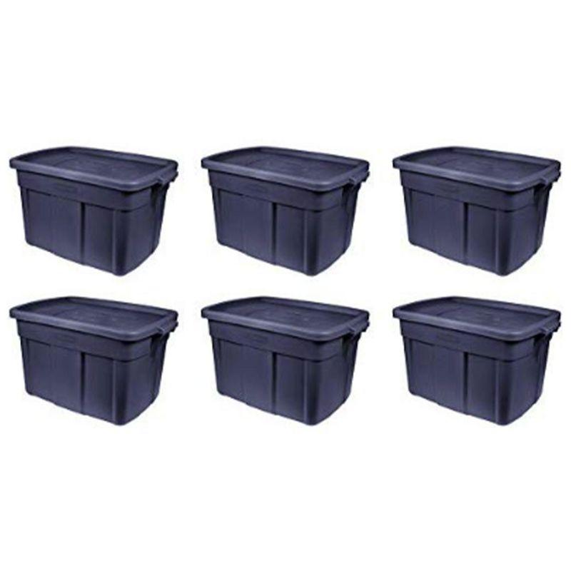 Rubbermaid Roughneck 18 Gallon Rugged Stackable Storage Tote with Lid and Handles for Home Usage, Dark Indigo Metallic, 6 Pack