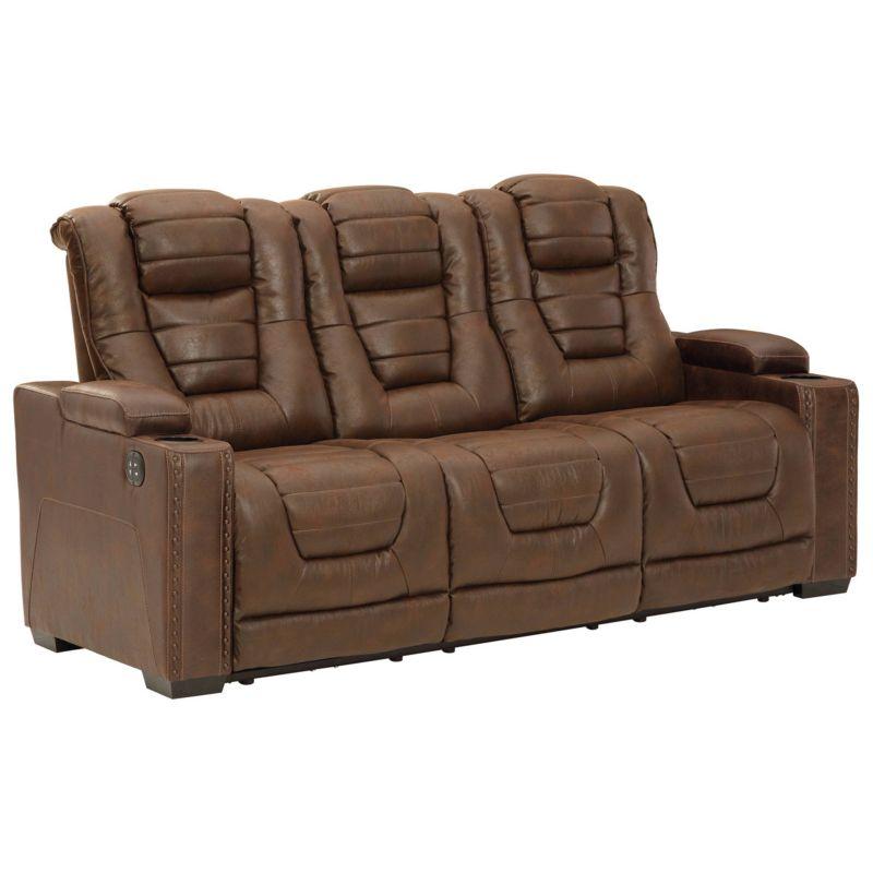 Brown Tufted Faux Leather Reclining Sofa with Storage and Cup Holder