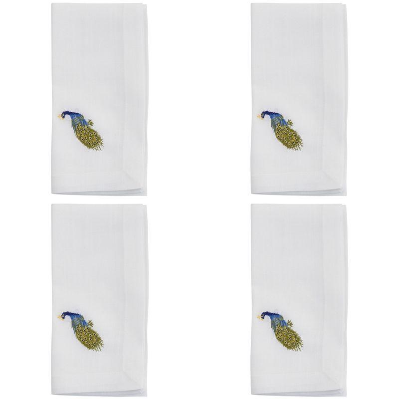 White Polyester Napkins with Embroidered Peacock Design, Set of 4