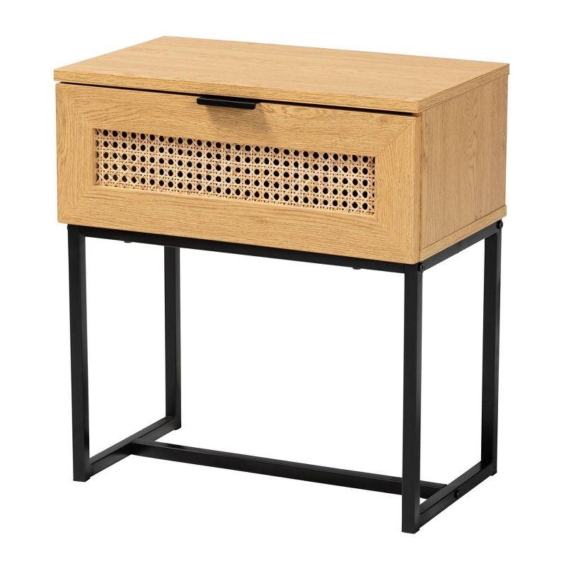 Sawyer Wood and Metal 1 Drawer End Table with Natural Rattan Oak Brown/Black - Baxton Studio: Mid-Century Bedside Furniture