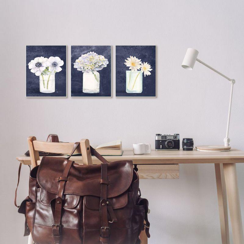 Stupell Industries Farmhouse Flower Bouquets Navy Blue White Painting Gallery Wrapped Canvas Wall Art 3pc Set, 24 x 30