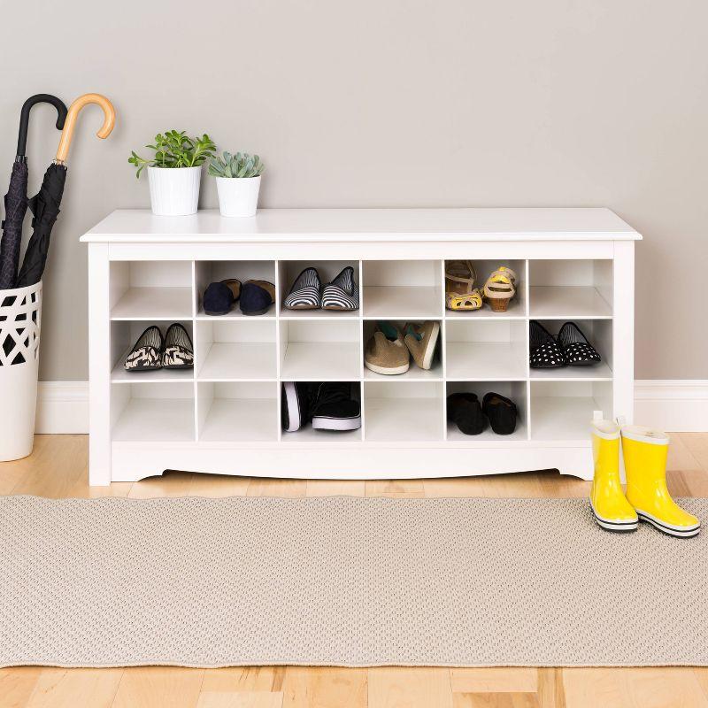 Versatile White Shoe Storage Bench with 18 Cubbies