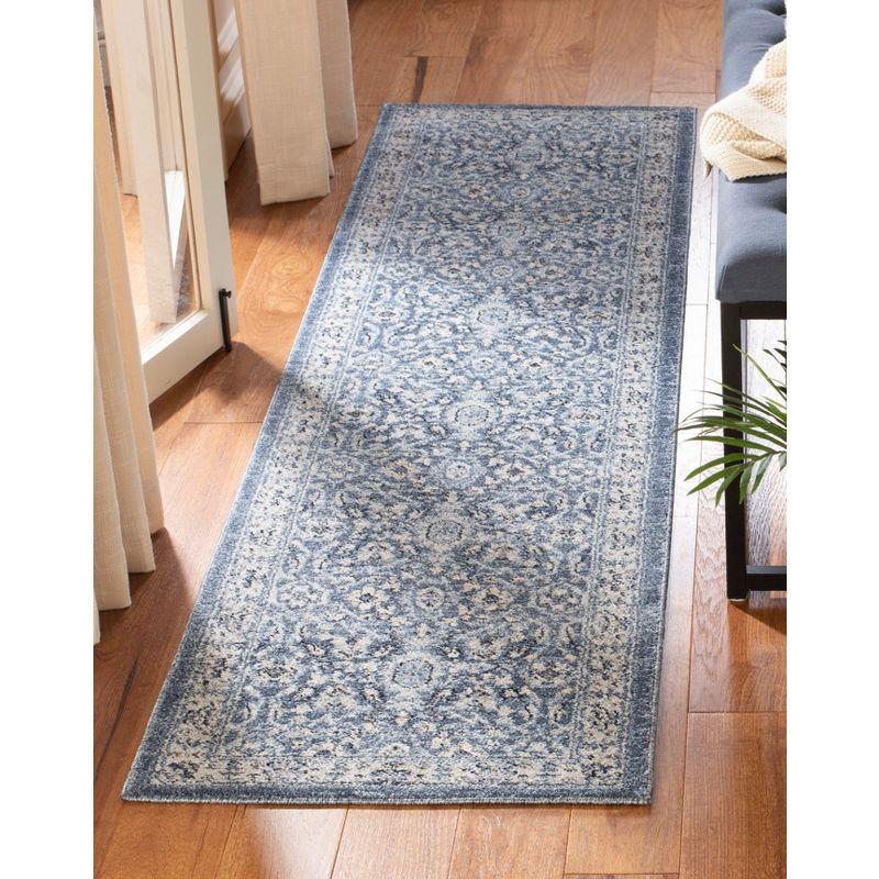 Navy and Cream Synthetic Hand-Knotted Runner Rug