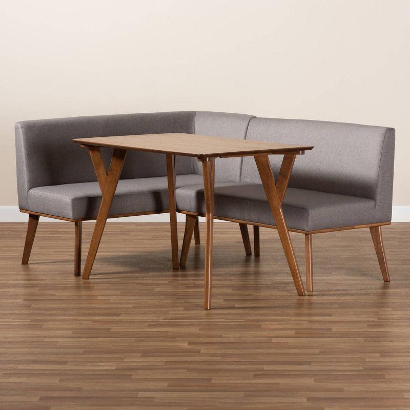 3pc Odessa Mid-Century Modern Fabric Upholstered Wood Dining Nook Set Walnut/Brown/Gray - Baxton Studio: Rectangle Table, Polyester Seat