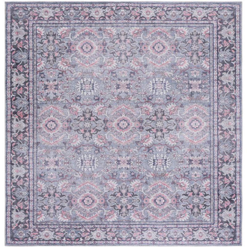 Grey and Pink Square Viscose Area Rug, 6'7"