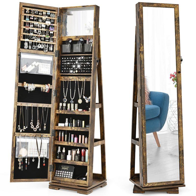 Coffee Rustic Rotatable Lockable Mirrored Jewelry Cabinet