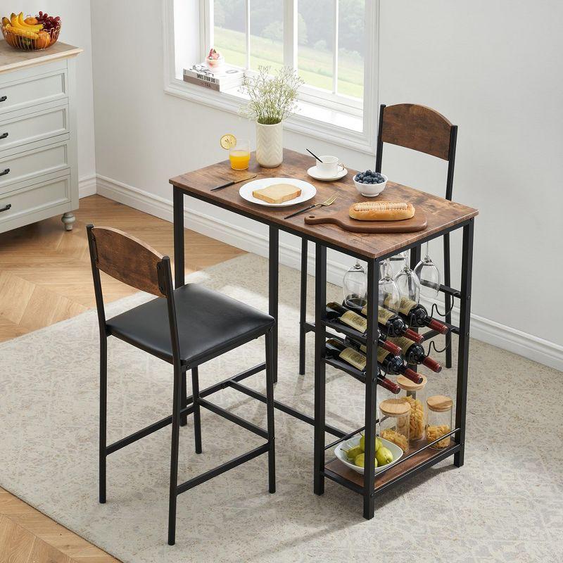 Whizmax Bar Table Set for 2 with Footrest, Kitchen Dining Table with 2 Upholstered Chairs, Small Space Counter Height Barstools for Counter Bar, Brown