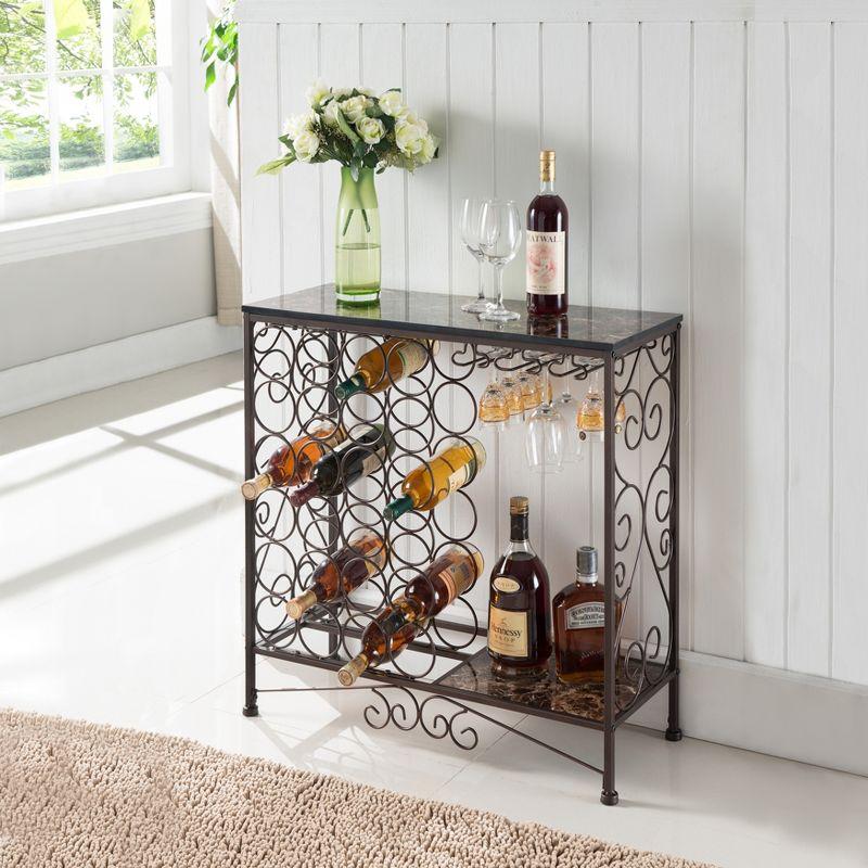 Bronze Metal and Faux Marble Wine Rack Table with Glass Storage