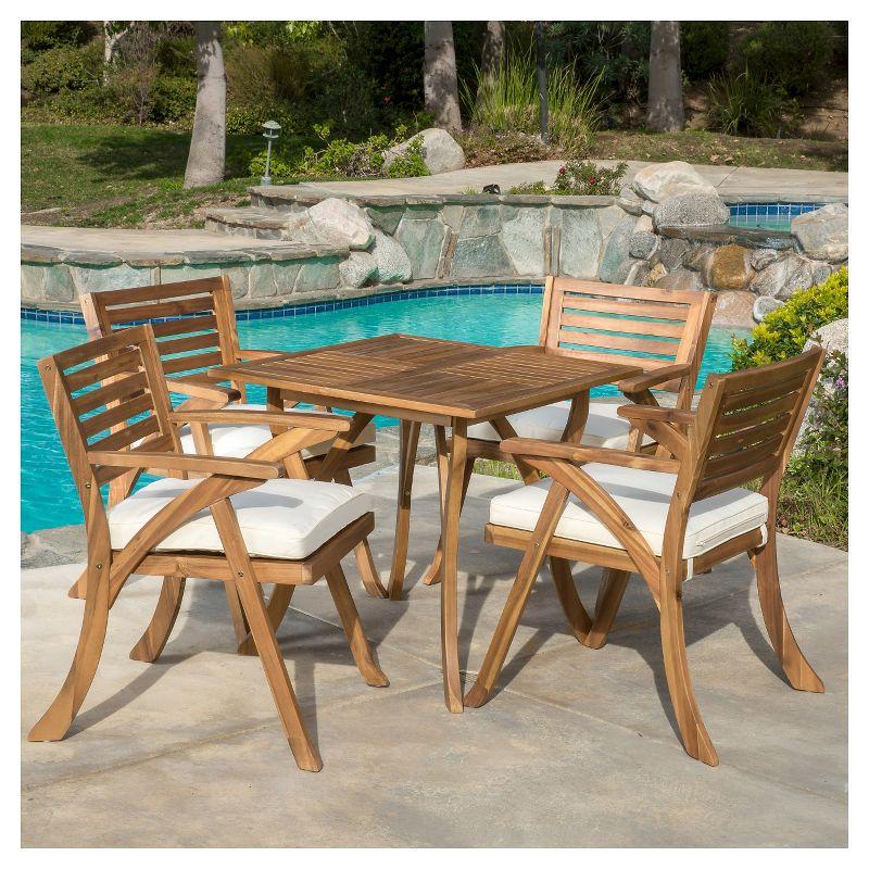 Hermosa 5pc Acacia Wood Patio Dining Set with Cushions - Teak Finish - Christopher Knight Home: Outdoor Furniture, 4 Arm Chairs & Square Table