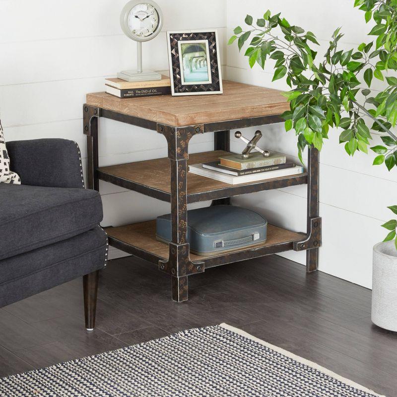 Olivia & May Industrial 3 Tier Side Table Brown: Sturdy Wood Frame, Fixed Shelves, Square Shape