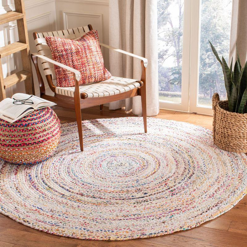 Ivory and Multicolor Round Braided Cotton Area Rug