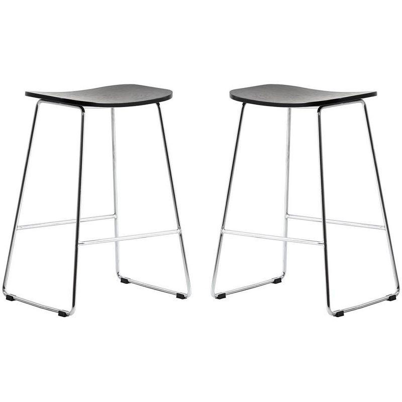 Melrose Black Wood Saddle Style Counter Stools with Chrome Iron Base, Set of 2