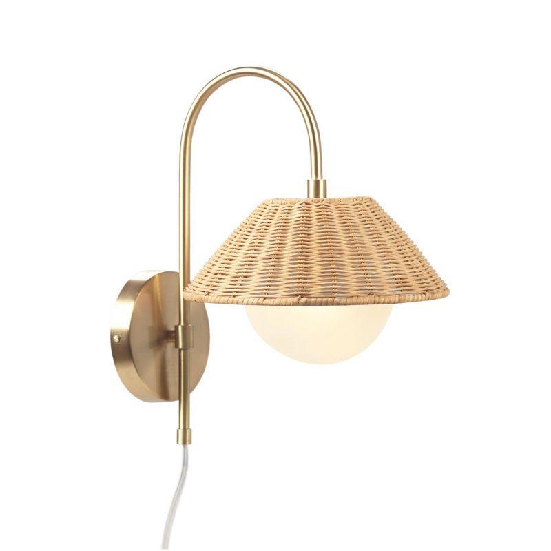 Gold Iron Wall Sconce with Rattan Shade and Frosted Globe