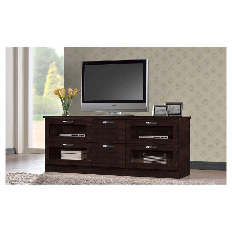 Adelino Wood Cabinet with 4 Glass Doors and 2 Drawers TV Stand for TVs up to 62" Dark Brown - Baxton Studio