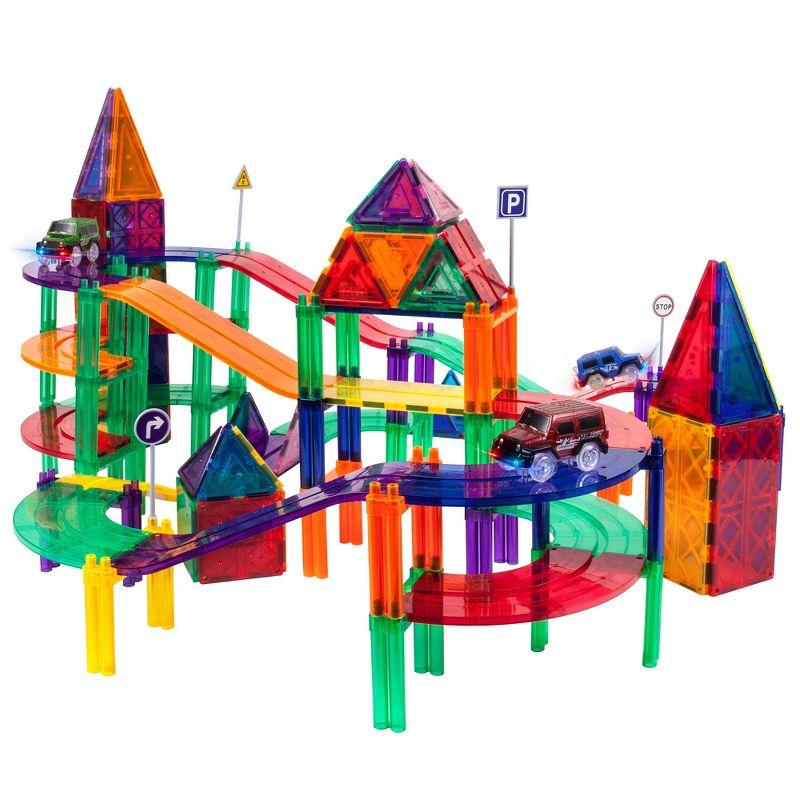 PICASSO-TILES Race Track Magnetic Tiles for Kids, 128PCS with 3 Racing Cars, Construction STEM Building Blocks Educational Toy