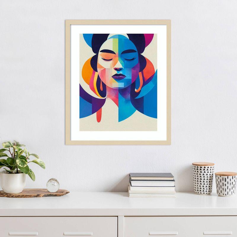 Colorful Portrait Cubism Giclee Print with Natural Wood Frame