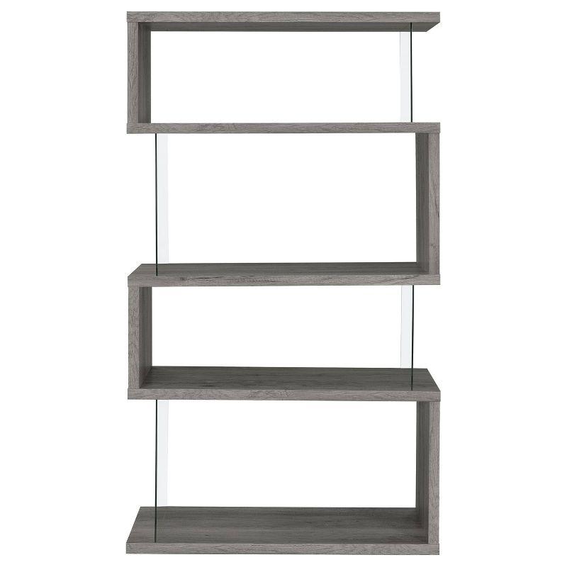Coaster 63" Emelle 4 Shelf Zig Zag Bookcase with Glass Panels Gray Driftwood: Modern Style, Laminated Melamine Veneer, Metal Hardware
