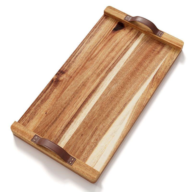 American Atelier Acacia Wood Rectangular Tray with Leather Handles, Serving Platters, Wooden Board for Cheese, Meats, Snack or Charcuterie, 18” x 9”