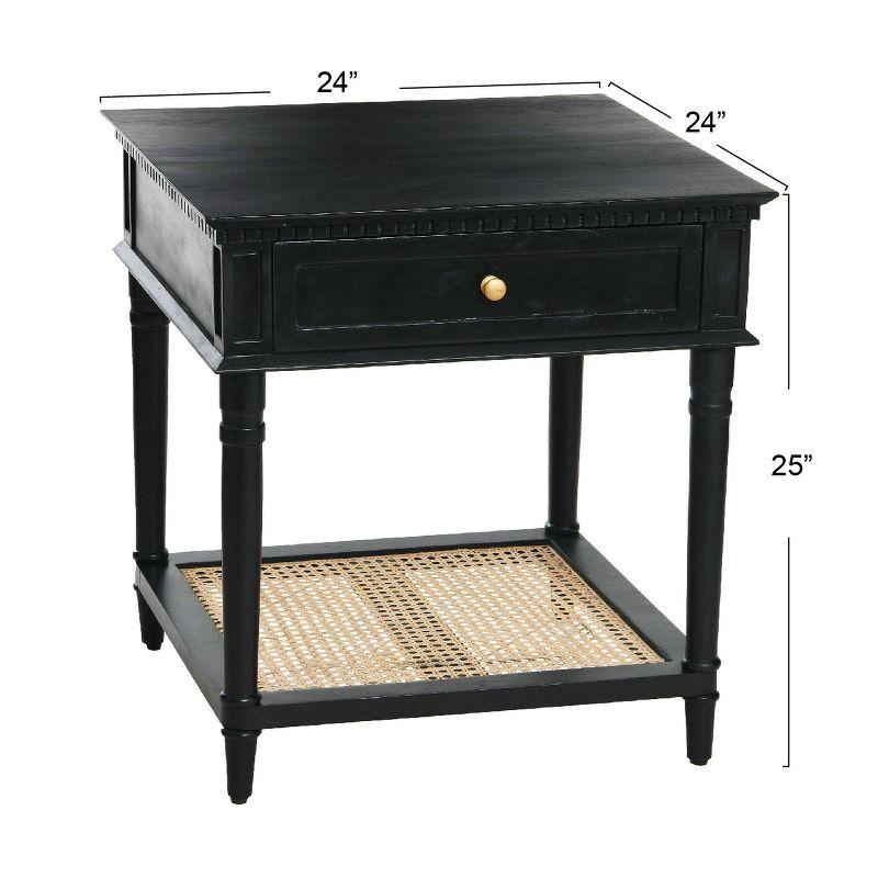 Storied Home Maxwelton End Table Black: Elegant Square Nightstand with Storage Drawer & Cane Shelf