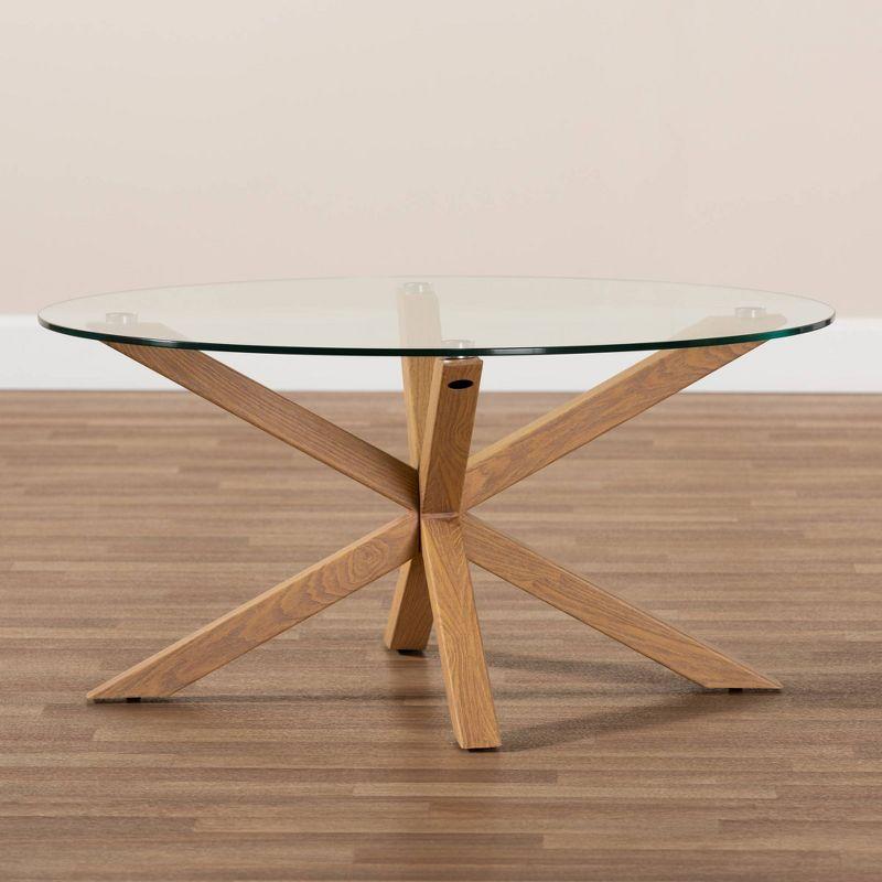 Lida Glass and Wood Finished Coffee Table Clear/Natural - Baxton Studio: Mid-Century Modern, 4 Point Leg Frame