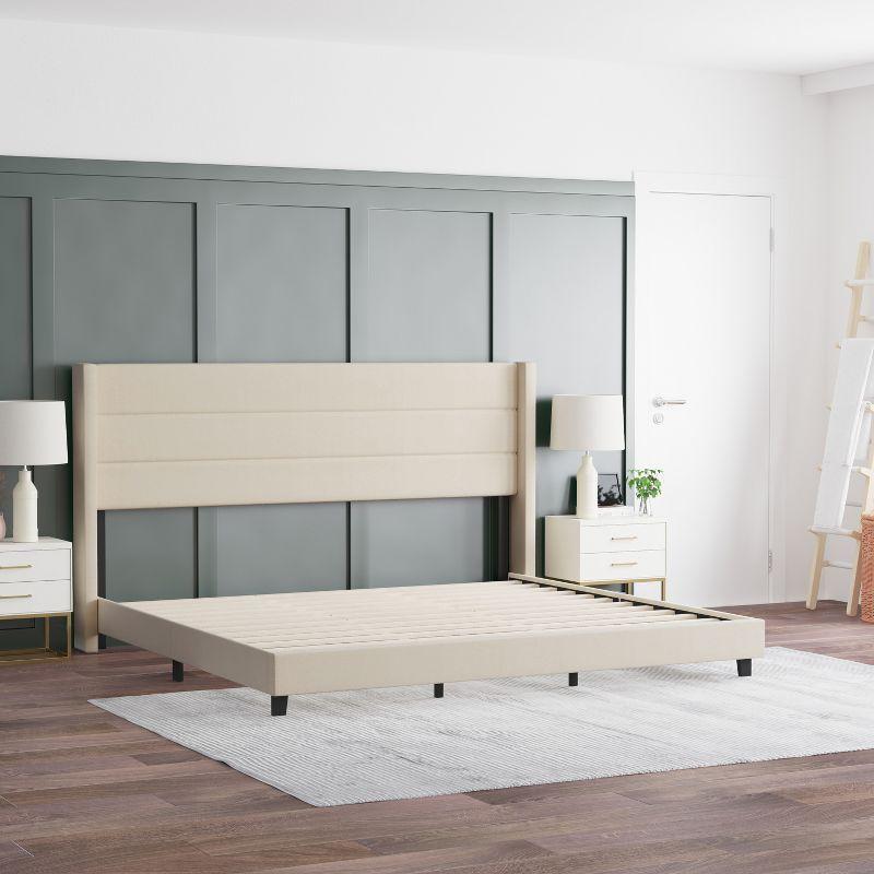 Emma and Oliver King Faux Linen Upholstered Platform Bed with Wingback Headboard - Beige