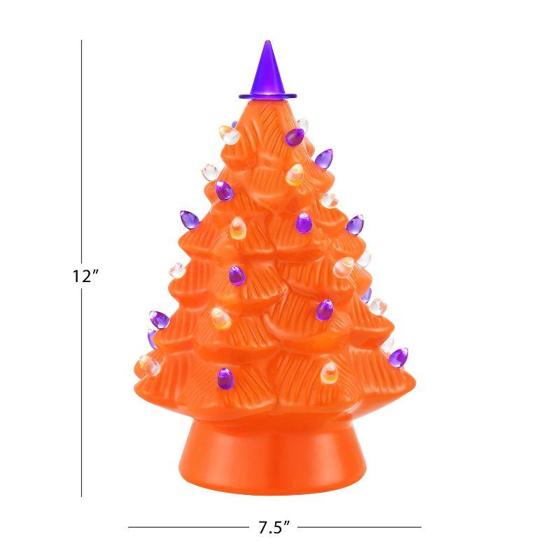 Orange Ceramic Halloween Tree with LED Lights and Witch Hat Topper