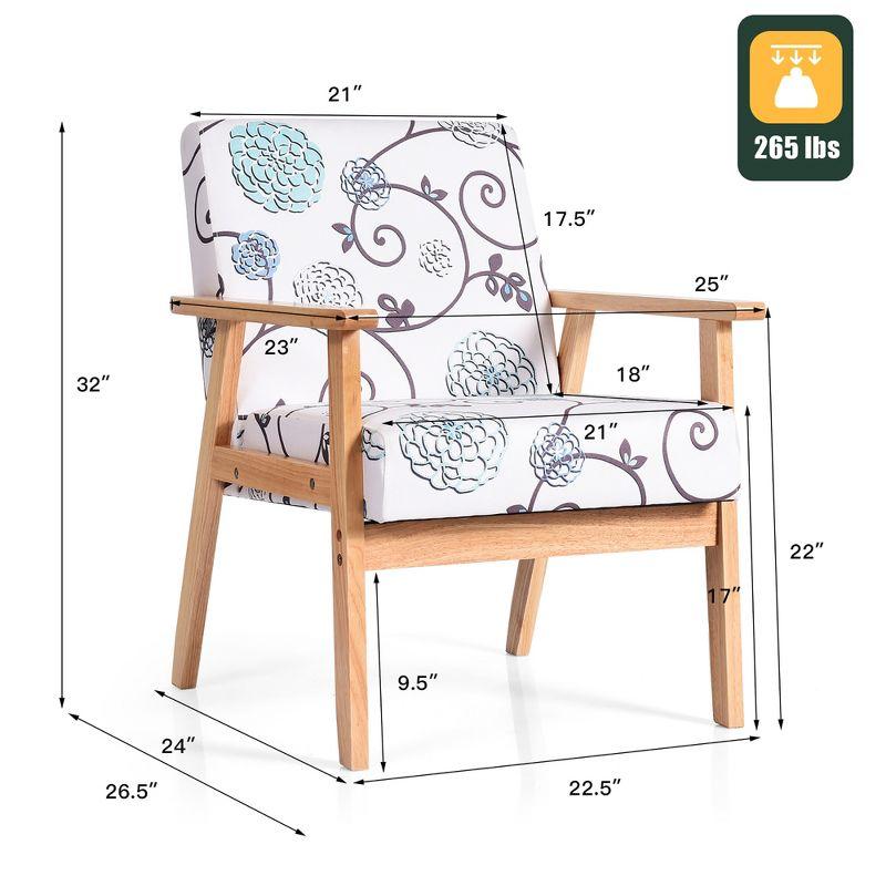 White and Blue Floral Fabric Lounge Chair with Teak Frame