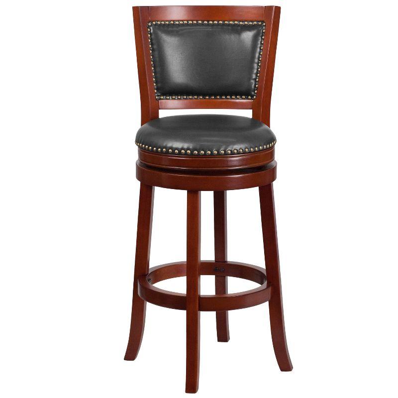 Elegant Dark Cherry Wood Swivel Barstool with Walnut Leather Seat